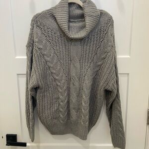 Cozy Gray Cable Knit Turtleneck Sweater